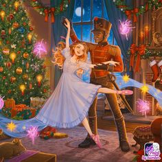 a painting of a man and woman dancing in front of a christmas tree with presents