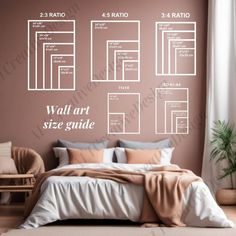 the wall art size guide is shown in this bedroom