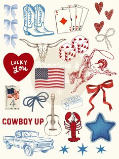 an image of cowboy up stickers on a white background with red, white and blue designs