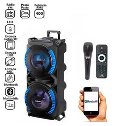 a speaker with blue lights and remote controls