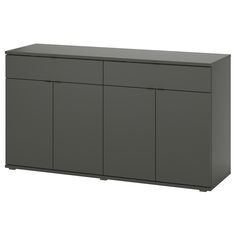 a gray cabinet with three doors on the front and two drawers on the back side