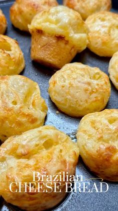 some food that is sitting in a pan on a table with the words brazilian cheese bread written below it