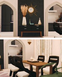 two pictures of a dining room and living room