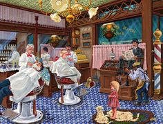 a painting of people in a barbershop getting their haircuts done by an adult