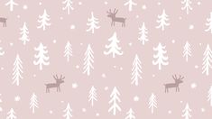 a pink background with white trees and deer