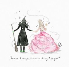 a watercolor painting of two people dressed up as witches, one in a pink dress and the other in a black gown