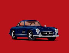 a blue classic car on a red background