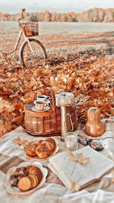 a table topped with lots of food on top of a field covered in autumn leaves