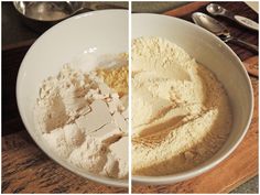 two pictures of flour in a white bowl