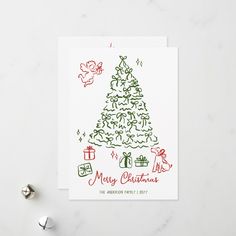 a christmas card with the words merry christmas written in red and green on it next to two silver bells