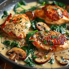 chicken with mushrooms, spinach and sauce in a pan