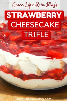 strawberry cheesecake trifle in a glass dish with text overlay