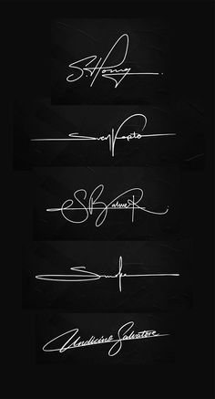 four different types of handwriting written in white ink on a black background, with the words signature