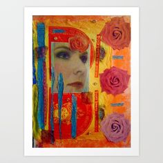 an art print with roses and a woman's face