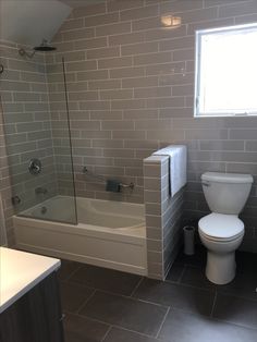 a white toilet sitting next to a walk in shower