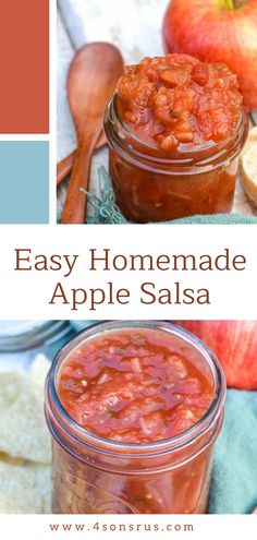 homemade apple salsa in a mason jar with spoons and apples behind it, text overlay says easy homemade apple salsa