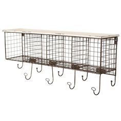 a metal shelf with three hooks and two baskets on the top, hanging from it's sides