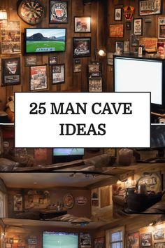 Rustic man cave decorated with sports memorabilia, wooden paneling, and several TV screens showing games. Small Room Man Cave Ideas, Man Cave Design Ideas, Unique Man Cave Ideas, Man Cave Ideas Room, Small Man Cave Ideas, Man Cave Designs, Man Cave Chair, Best Man Caves, Small Man Cave