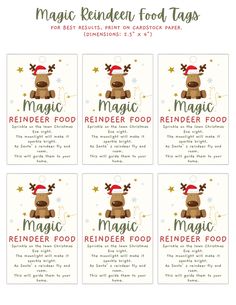 four christmas food labels with reindeers and stars on the top, one for each