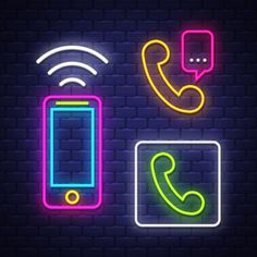 neon signs on the wall with a phone and a chat icon, an alarm clock