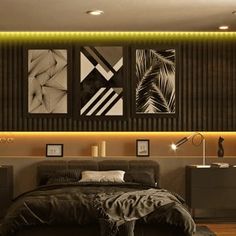 a modern bedroom with black and white decor