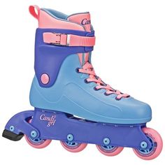 the roller skates are blue and pink