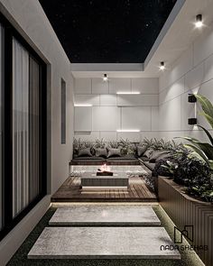 an outdoor living area with couches and potted plants on the floor, under a night sky filled with stars