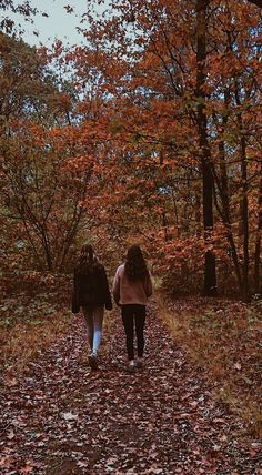 two people walking down a leaf covered path