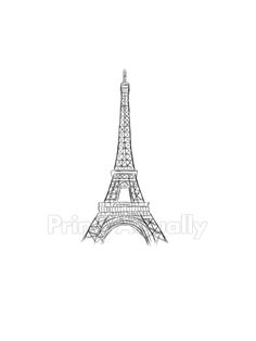 the eiffel tower is shown in black and white, as well as an outline drawing