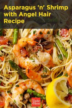 the cover of asparagus'n shrimp with angel hair recipe is shown next to a lemon wedge