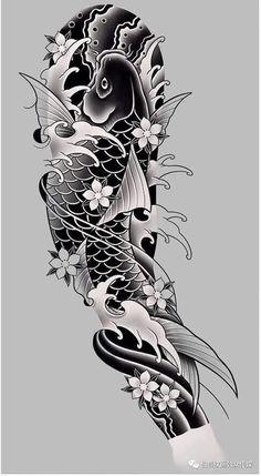 a black and white drawing of a koi fish with flowers on it's side