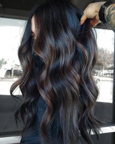 Black Hair With Cool Brown Highlights, Black N Brown Hair, Long Dark Dimensional Hair, Dark Brown With Black Hair, Chocolate Brown Hair With Black Lowlights, Warm Brown Highlights On Black Hair, Dark Hair Balayage Ideas, Cool Toned Brunette With Highlights