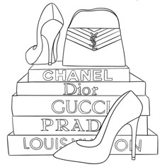 a pair of high heeled shoes sitting on top of stacked books with the words chanel dior gucci prad louison