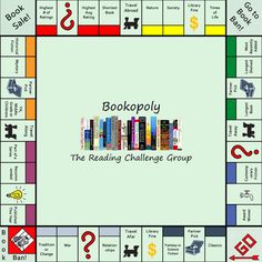 a board game with the words bookopy on it and an image of bookshelves