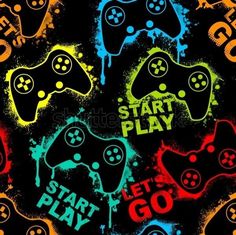 seamless pattern with video game controllers and text start play on black background - stock photo