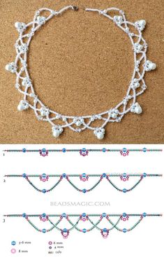 the instructions to make a crocheted necklace with beads and pearls on it, including two