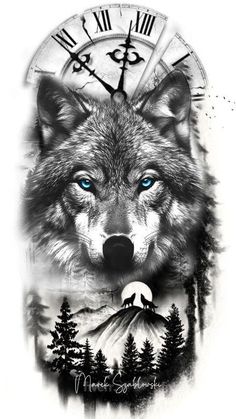 a wolf with blue eyes and mountains in the background is featured on this tattoo design