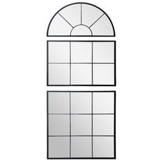 an arched window with two panes on each side and one in the middle, against a white background