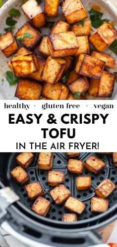 tofu in the air fryer with text overlay reading easy and crispy tofu in the air fryer