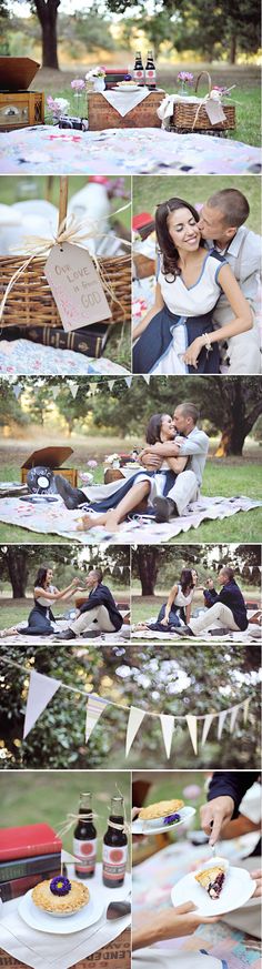 a collage of photos showing people sitting at a picnic table with food and drinks