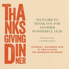 an orange and white poster with the words thanks giving dinner written in red on it