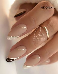 Fake Nails French Tip, French Tip Press On Nails, Long Almond, Nails French Tip, Fancy Nails Designs, Nails For Women, Golden Glitter, Pretty Nail Art