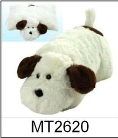 the stuffed dog is white and brown