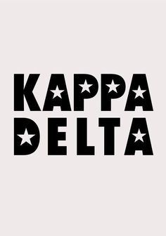 the words kappa delta are black and white with stars on it's side