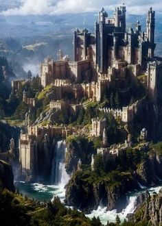 an aerial view of a castle in the mountains