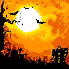 a spooky halloween scene with bats and tombstones in front of an orange sky