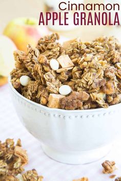 You’ll love the aroma of fall spices wafting through your kitchen as you bake this delicious Cinnamon Apple Granola. It’s filled with crunchy clusters, the flavors of apple, cinnamon, and nutmeg, plus chewy dried apples and creamy white chocolate chips. With just a few minutes of prepping the ingredients and a half hour in the oven, it’s easy to make your own granola at home for an autumn breakfast or snack. | fall granola recipe | homemade granola recipe | granola with apple | cinnamon granola Fall Granola Recipe, Crunchy Granola Recipe, Apple Cinnamon Granola, Granola Dessert, Oat Clusters, Apple Granola, Quinoa Breakfast Bars, Vanilla Almond Granola, Easy Homemade Granola