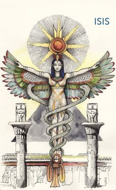 a drawing of a woman with wings and snakes on her body, standing in front of a