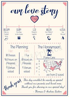 a poster with the words on love story written in blue and pink, surrounded by other things