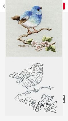 two pictures of birds sitting on branches with flowers